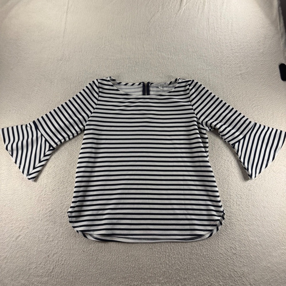 Green Envelope Blouse Womens L Navy White Striped Bell Sleeve Zip Chic Coastal